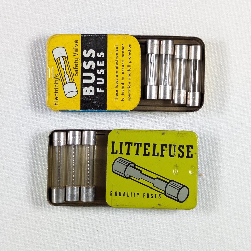 Vintage miniature tins steampunk pill boxes BUSS Fuses and LITTELFUSE, vintage